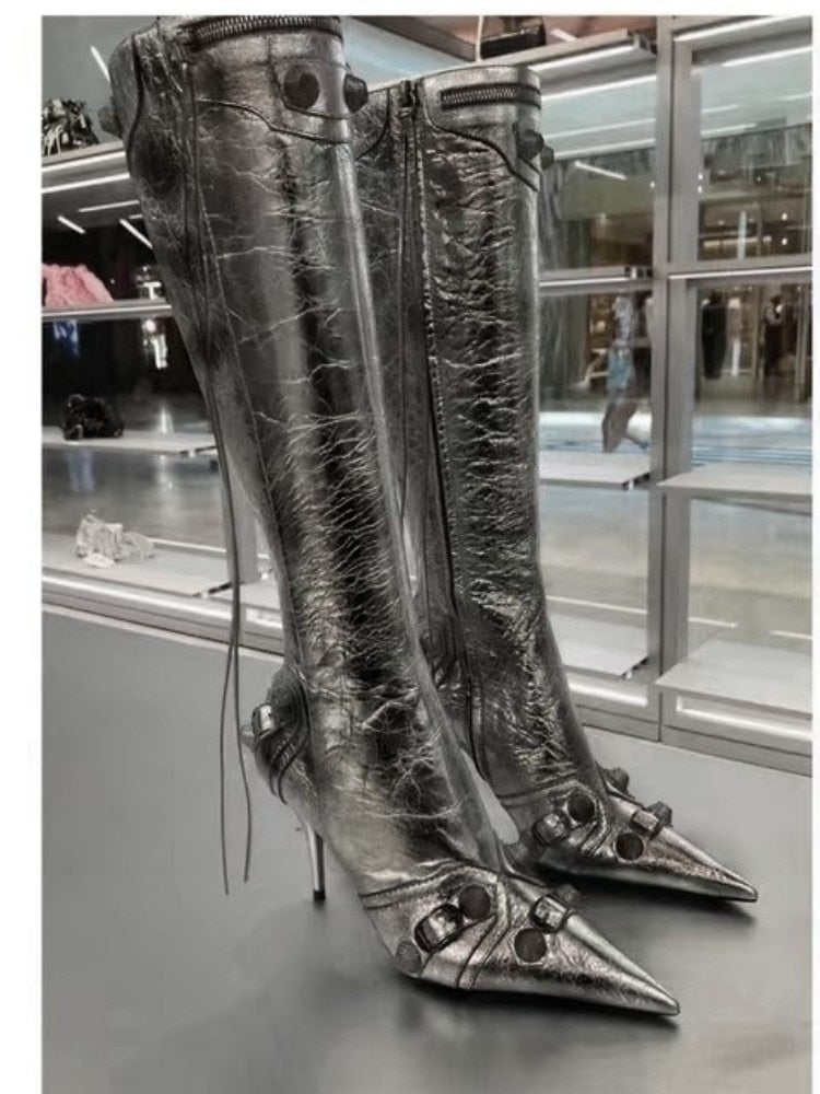 New Women's Boots Pointed Toe High-heeled Boots Paris Fashion Knee-high Boots European and American Party Boots Gun color