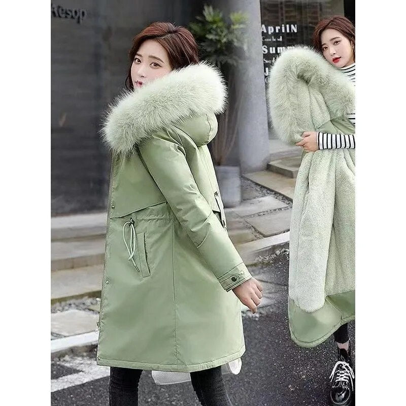 New Women's Mid length Jacket Coat Women's Fake Fur Collar Parker Coat Women's Slim Fit Cotton Pad Jacket M-6XL Winter Jacket