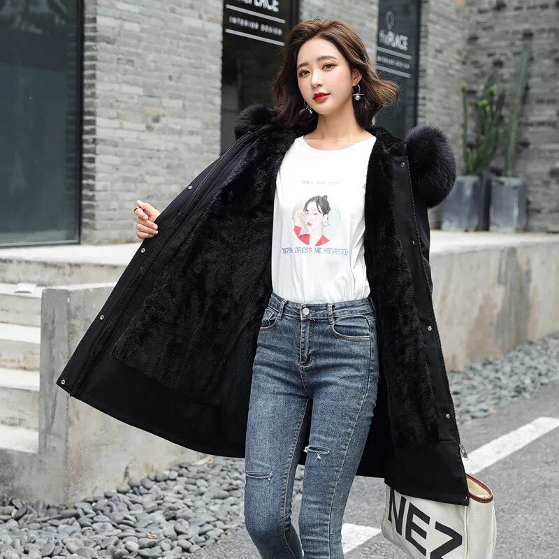 New Women's Mid length Jacket Coat Women's Fake Fur Collar Parker Coat Women's Slim Fit Cotton Pad Jacket M-6XL Winter Jacket Black