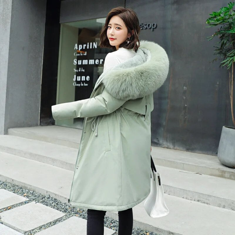 New Women's Mid length Jacket Coat Women's Fake Fur Collar Parker Coat Women's Slim Fit Cotton Pad Jacket M-6XL Winter Jacket Pea Green