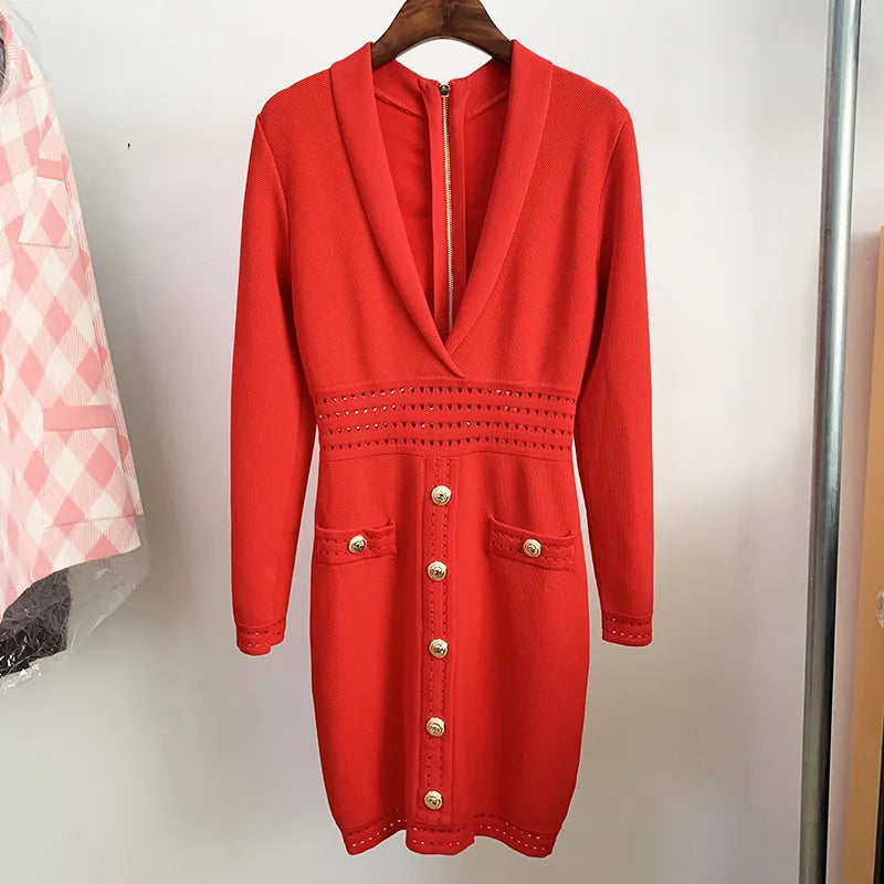 Newest 2024 Fall Winter Designer Dress Women's Long Sleeve Notched Collar Knit Dress