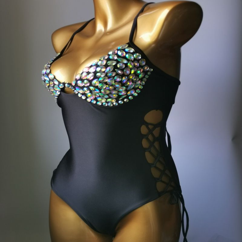 Newest Luxury Rhinestone Women's Swimsuit Crystal Diamond One-Piece Swimwear Gathered Push Up Sexy Monokini
