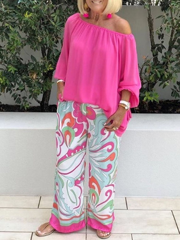 Newfashion One-shoulder Loose Long Sleeved T Shirt Set Women's Spring Autumn Leisure Printed Wide Leg Trousers + Shirt Two Piece Pink
