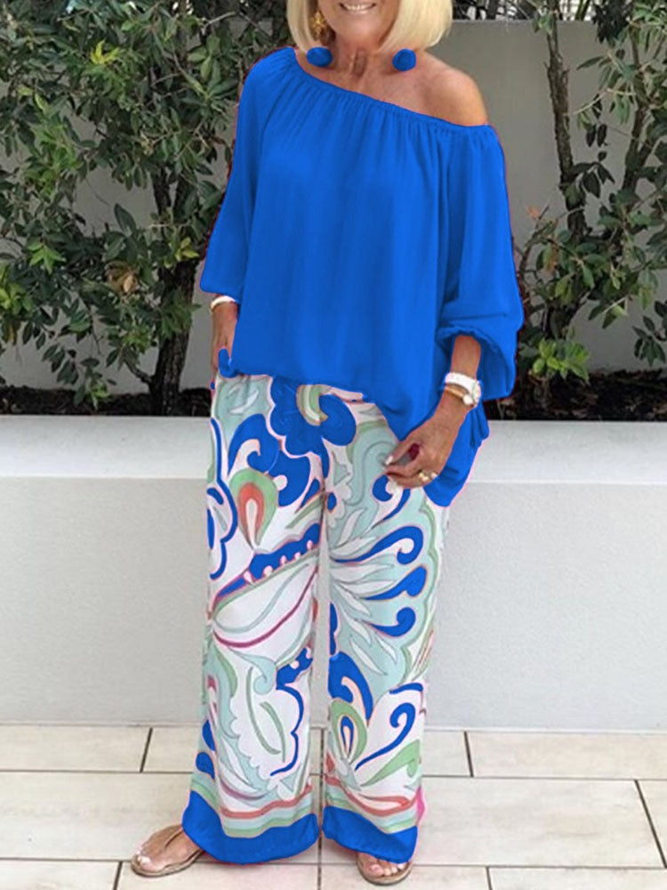 Newfashion One-shoulder Loose Long Sleeved T Shirt Set Women's Spring Autumn Leisure Printed Wide Leg Trousers + Shirt Two Piece deep blue
