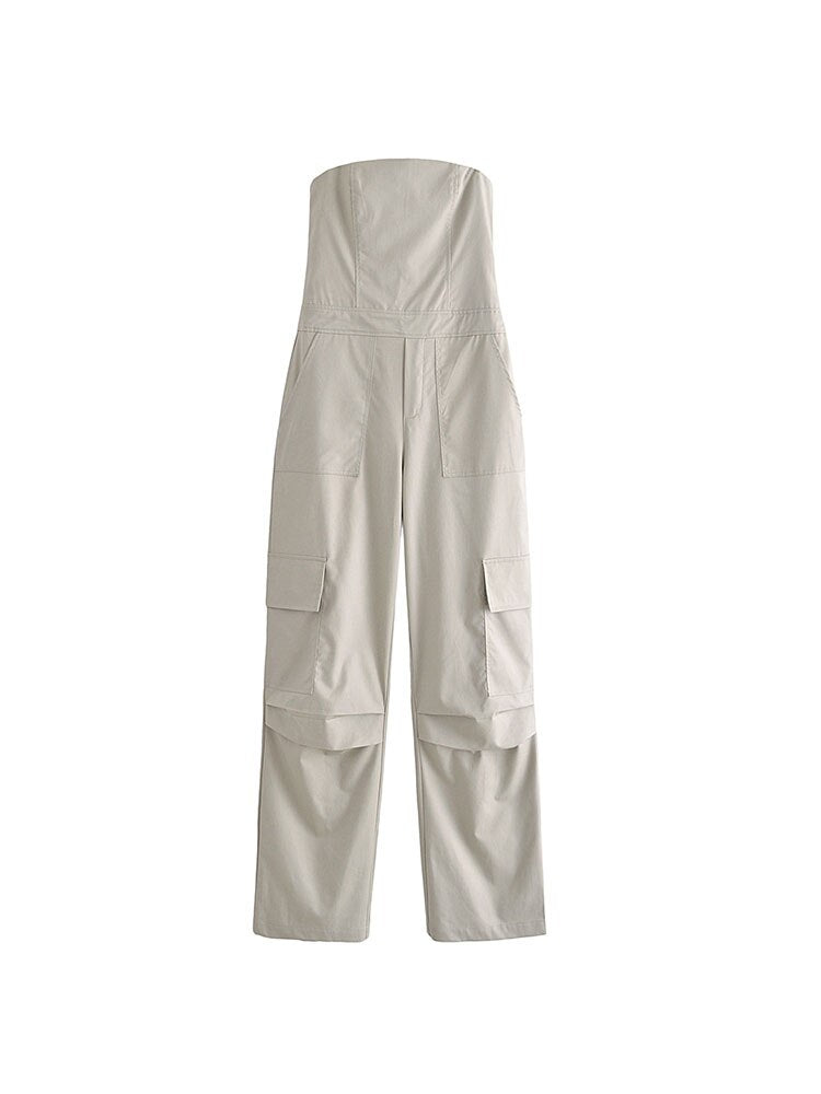 Nlzgmsj TRAF Female Jumpsuit With Pockets Long Jumpsuit Woman 2024 Spring Summer Sleeveless Cargo Jumpsuits For Women Outfit