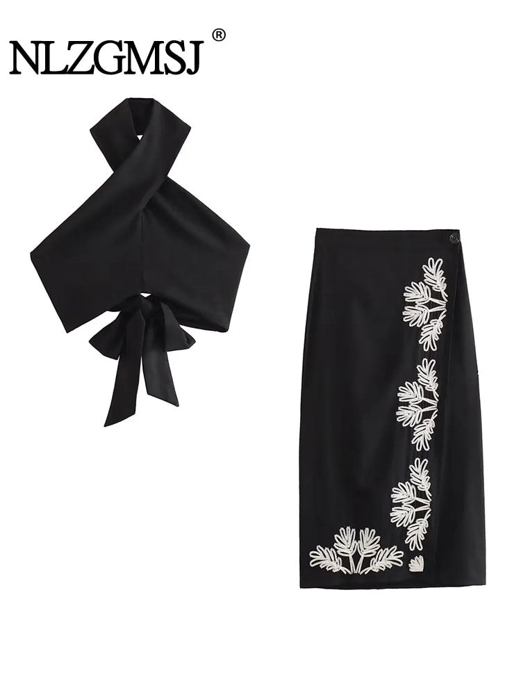 Nlzgmsj TRAF Woman 2 Pieces Midi Skirts Sets 2024 Summer Women Suit Tops Embroider Skirts Set Womens Outfits set