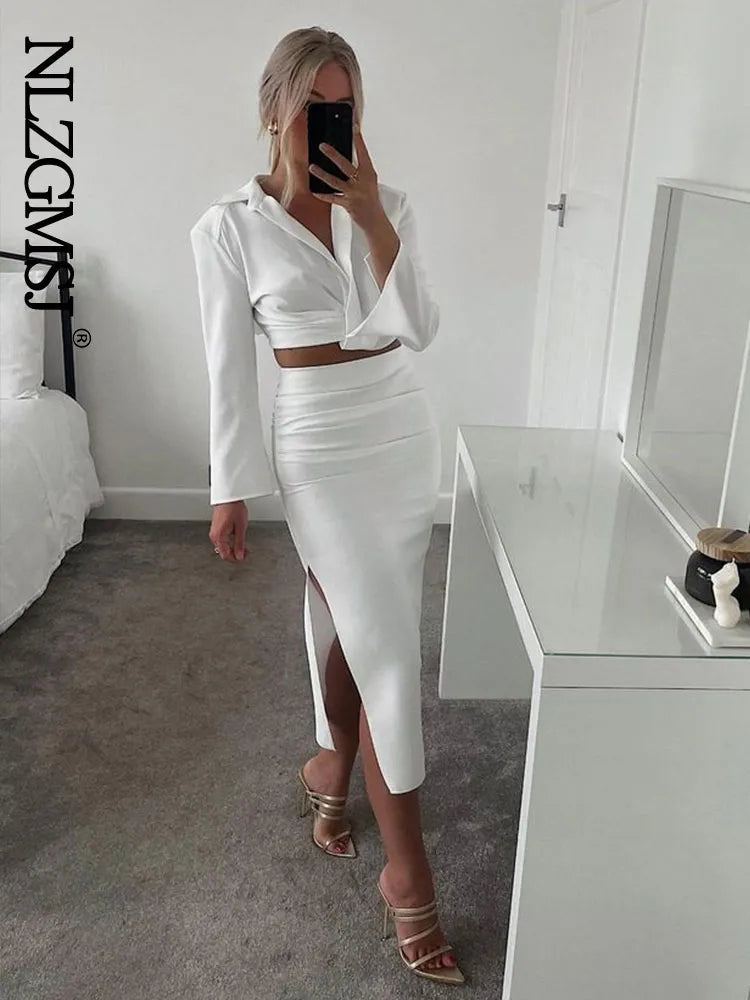 Nlzgmsj ZBZA Skirts Womens 2024 Two Piece Set Linen Blend Cropped Women Shirt Draped Skirt Autumn Fashion Casual Dress Sets