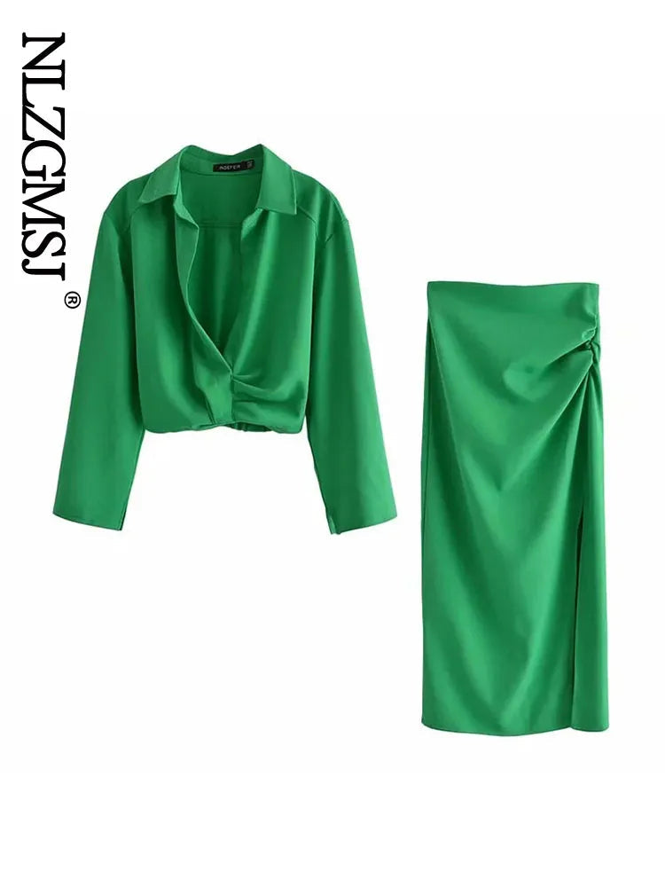Nlzgmsj ZBZA Skirts Womens 2024 Two Piece Set Linen Blend Cropped Women Shirt Draped Skirt Autumn Fashion Casual Dress Sets