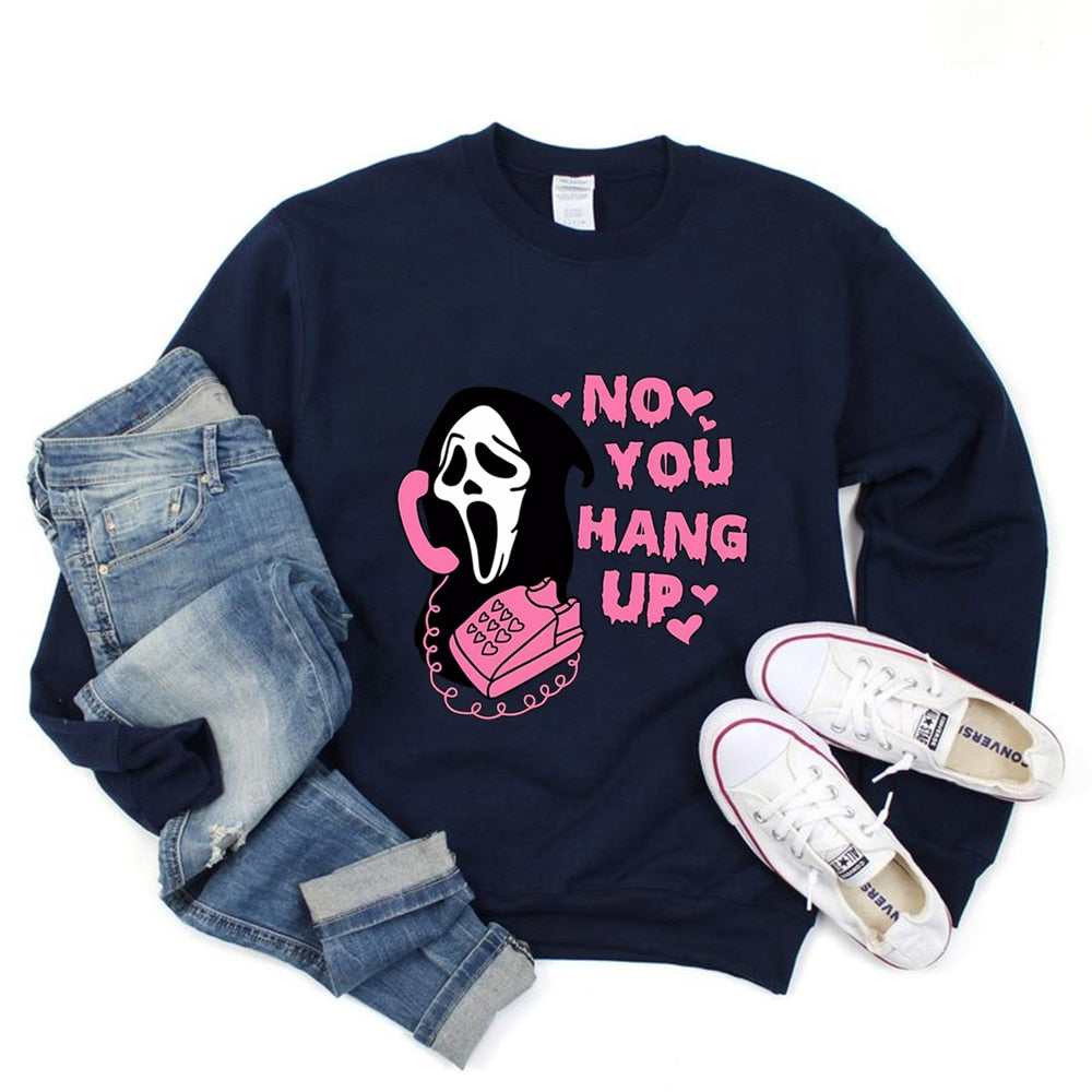 No You Hang Up Crewneck Sweatshirt Retro Scream Shirt Funny Horror Scream Sweater Horror Movie Halloween Tshirts Halloween Gift Navy Blue