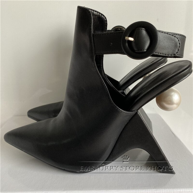 Novelty Fretwork Heel Runway Boots Women Sexy Point Toe Slingbacks With Buckle Belt Pearl Decor High Heel Botas Mujer
