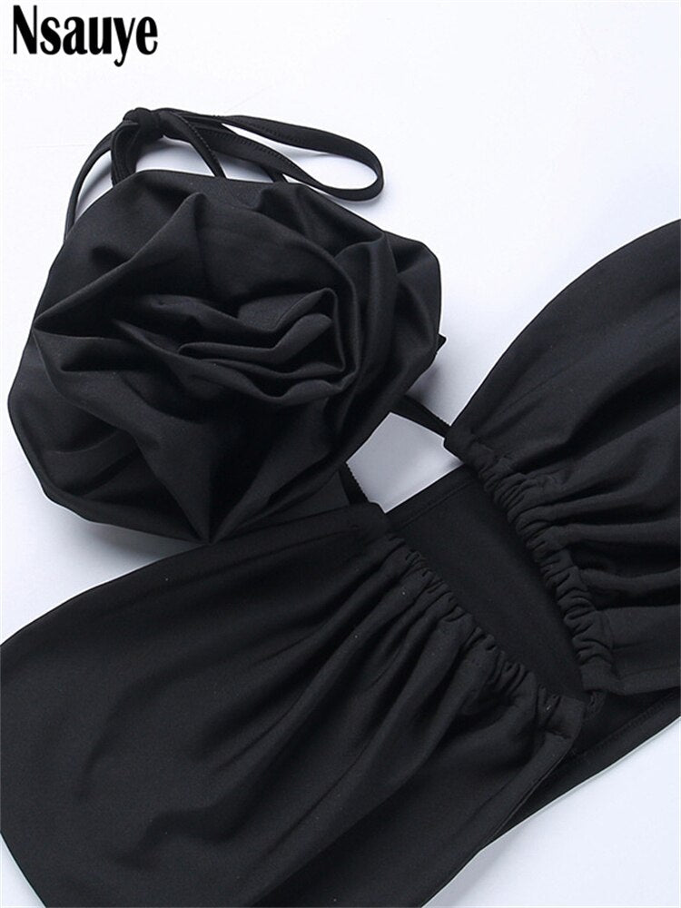 Nsauye Summer Casual Beach Women Sexy Club Skirt Suit Hollow Out Skinny Halter Crop Tops And Long Wrap Skirt Two Piece Set 2024