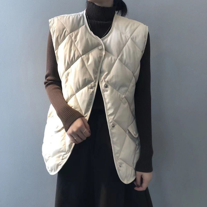 Short Cotton Jacket Vest Women's Loose Puffer Jacket Creamy White