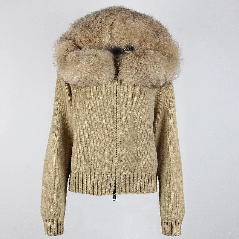 OFTBUY 2024 Fashion Autumn Winter Casual Hooded Real Fox Fur Collar Fashion Short Knitted Jacket with Natural Fur Coat for Women Khaki One Size