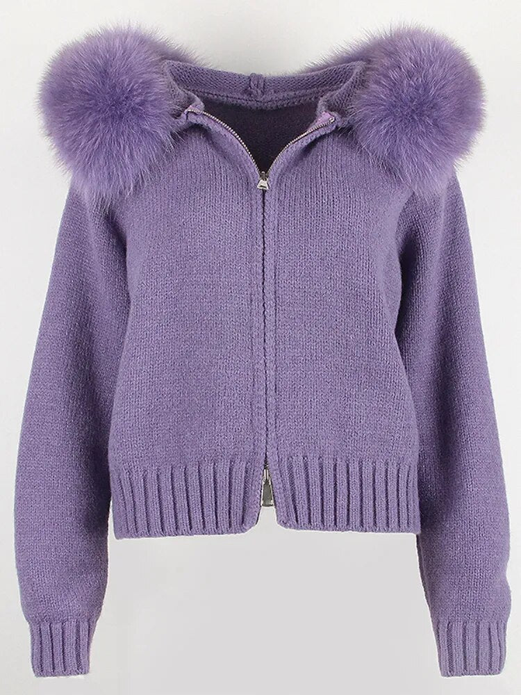 OFTBUY 2024 Fashion Autumn Winter Casual Hooded Real Fox Fur Collar Fashion Short Knitted Jacket with Natural Fur Coat for Women