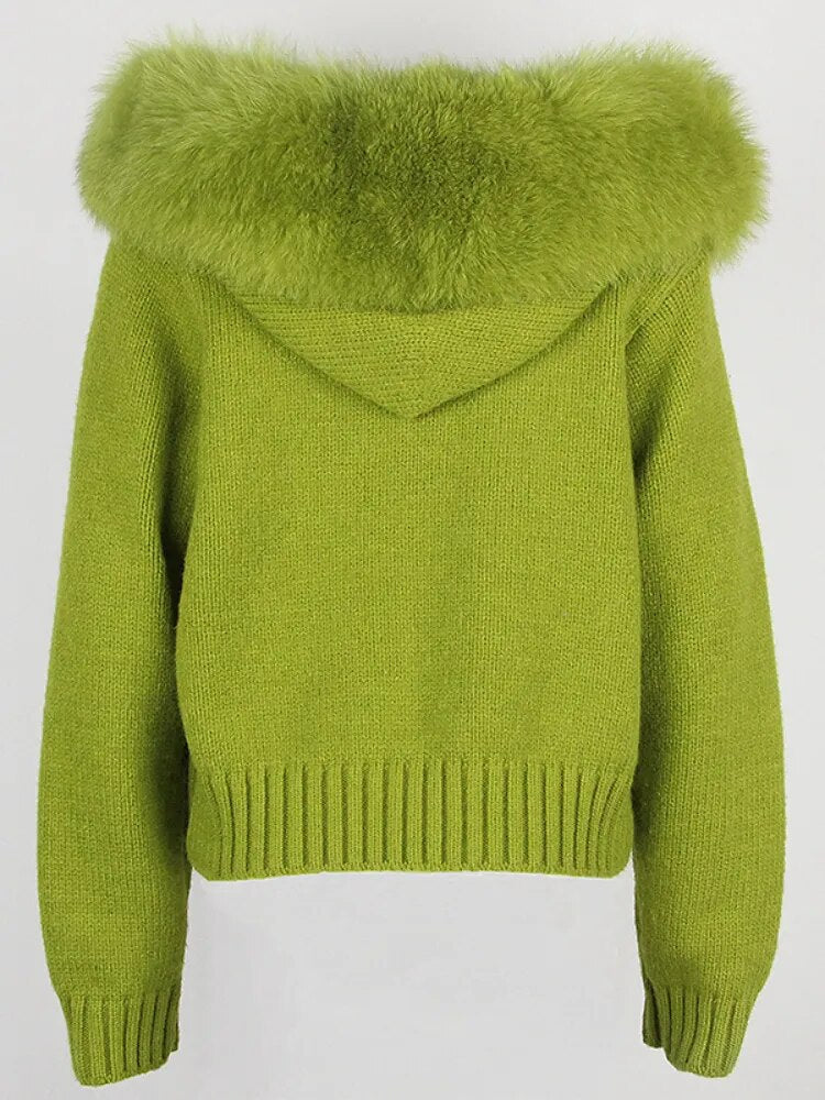 OFTBUY 2024 Fashion Autumn Winter Casual Hooded Real Fox Fur Collar Fashion Short Knitted Jacket with Natural Fur Coat for Women