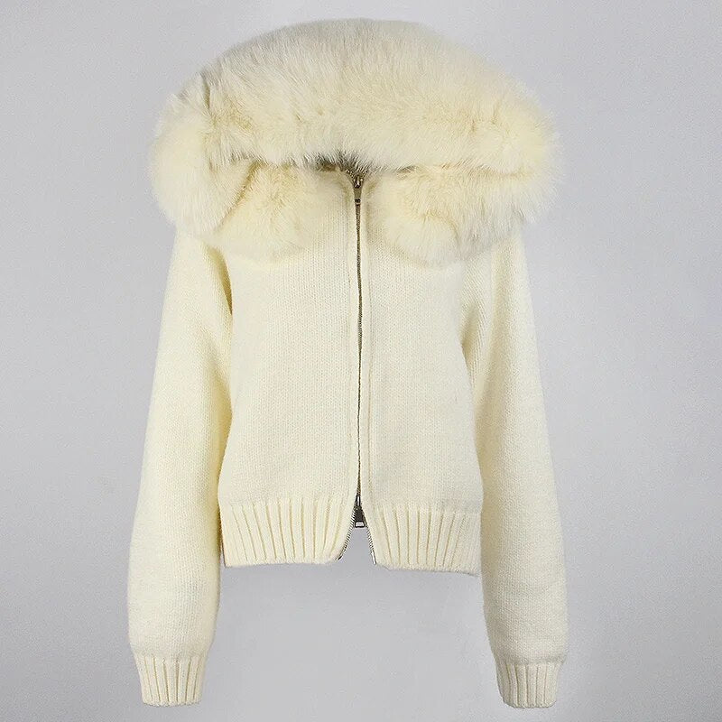 OFTBUY 2024 Fashion Autumn Winter Casual Hooded Real Fox Fur Collar Fashion Short Knitted Jacket with Natural Fur Coat for Women Off-white One Size