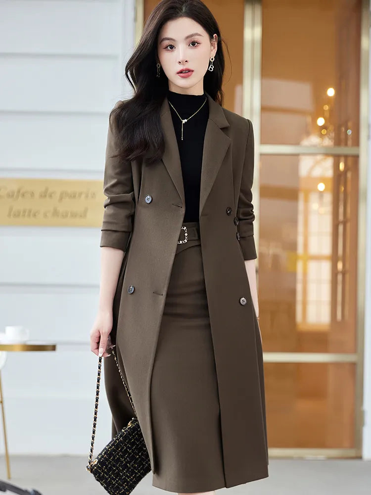 Office Ladies Formal Overcoat Suit For Women Black Apricot Coffee Two Piece Set Skirt Suits Autumn Winter Business Work Wear Coffee Skirt Suit