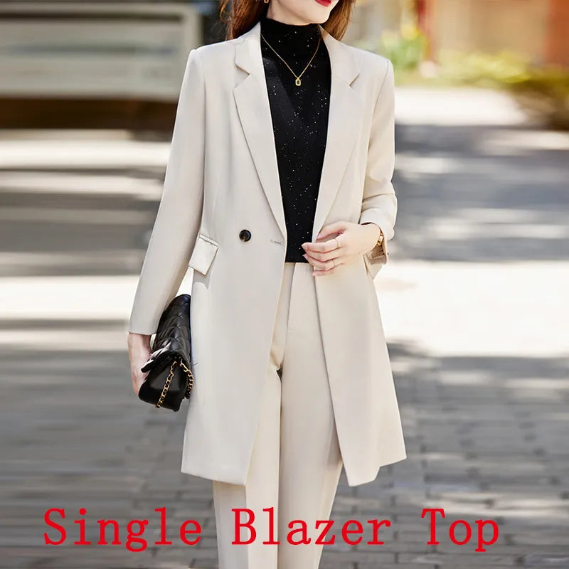 Office Professional Women's Blazer Pants 2-Piece Set Fall Fashion Long Female Jacket Over Business Suit Casual Trousers Apricot Blazer Top