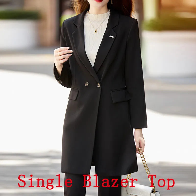 Office Professional Women's Blazer Pants 2-Piece Set Fall Fashion Long Female Jacket Over Business Suit Casual Trousers Black Blazer Top