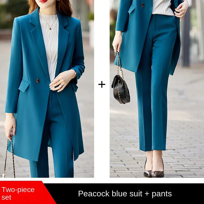 Office Professional Women's Blazer Pants 2-Piece Set Fall Fashion Long Female Jacket Over Business Suit Casual Trousers Blue Pant Suits