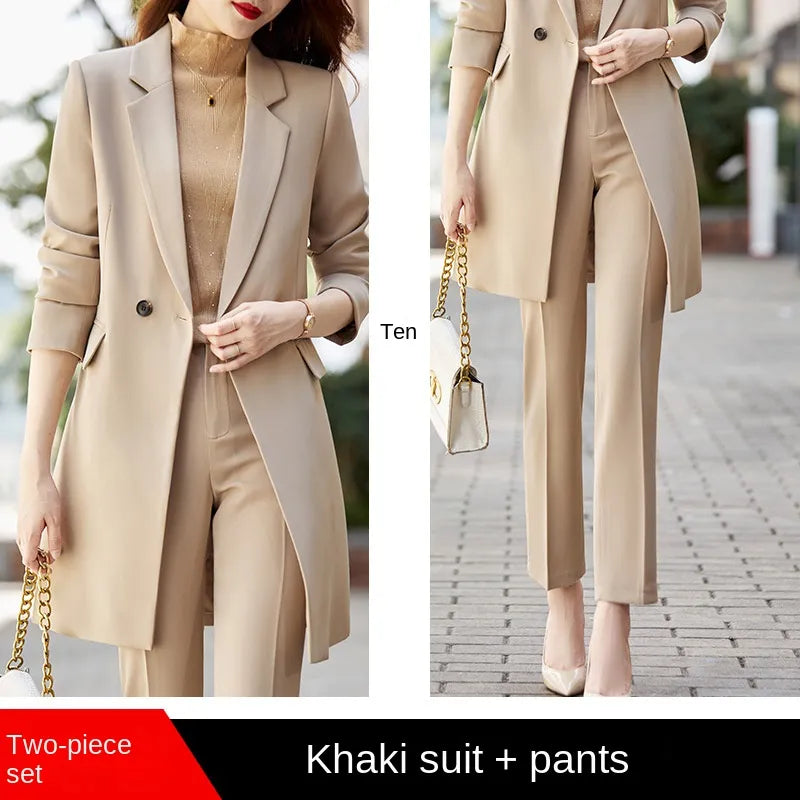 Office Professional Women's Blazer Pants 2-Piece Set Fall Fashion Long Female Jacket Over Business Suit Casual Trousers Khaki Pant Suits