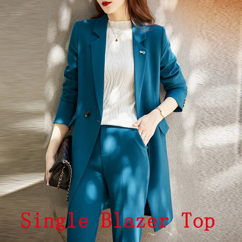 Office Professional Women's Blazer Pants 2-Piece Set Fall Fashion Long Female Jacket Over Business Suit Casual Trousers Blue Blazer Top