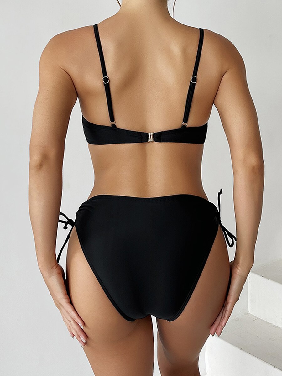 One Piece Push Up Swimsuit Solid Swimwear Female Tie Side Beachwear Hollow Bathing Swimming Suit