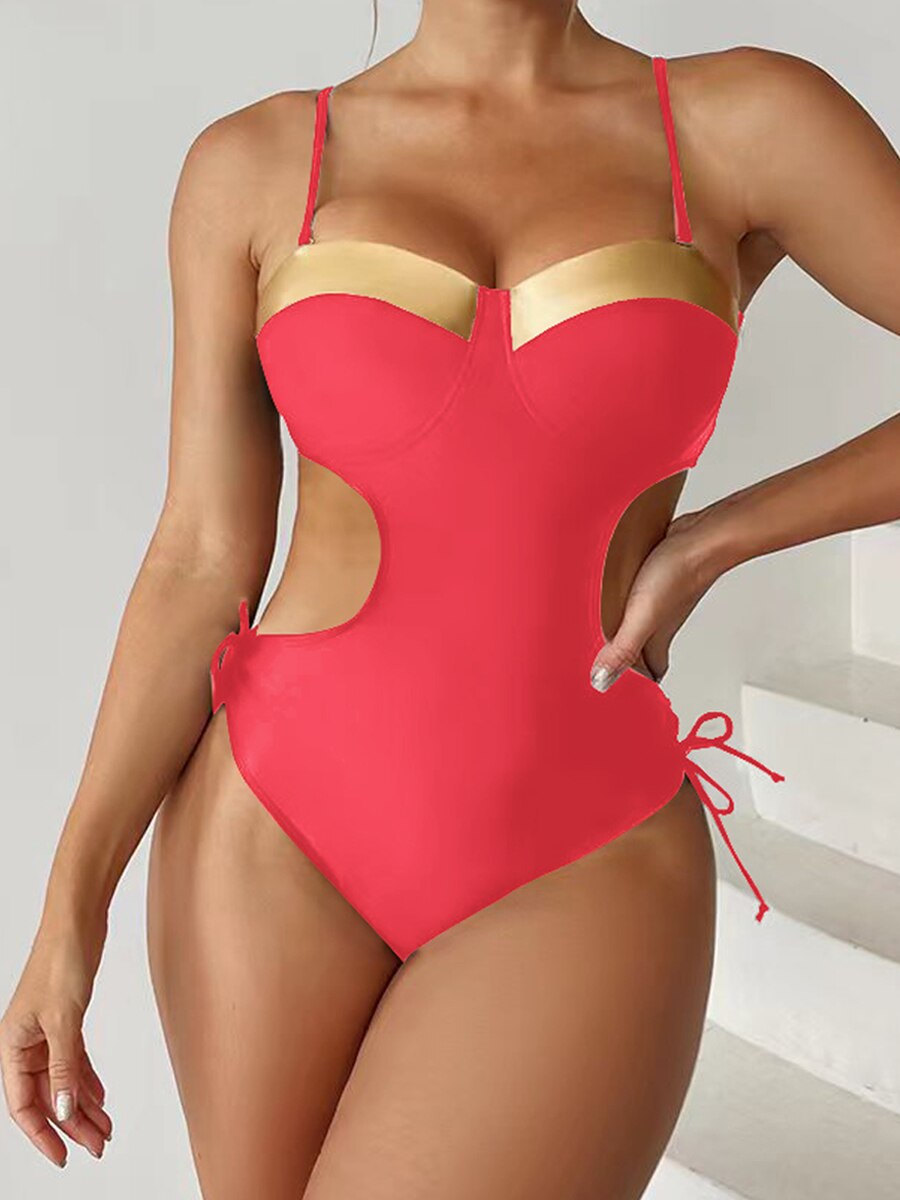 One Piece Push Up Swimsuit Solid Swimwear Female Tie Side Beachwear Hollow Bathing Swimming Suit C3Pink