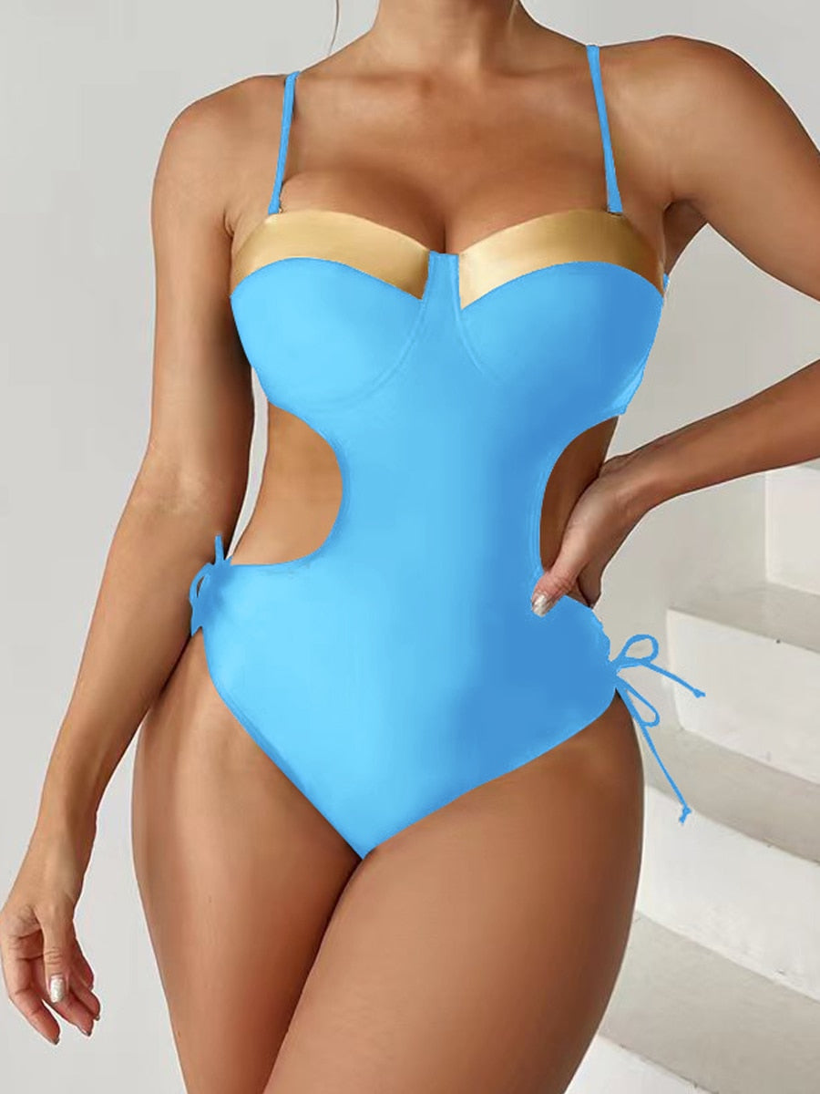 One Piece Push Up Swimsuit Solid Swimwear Female Tie Side Beachwear Hollow Bathing Swimming Suit C4Blue