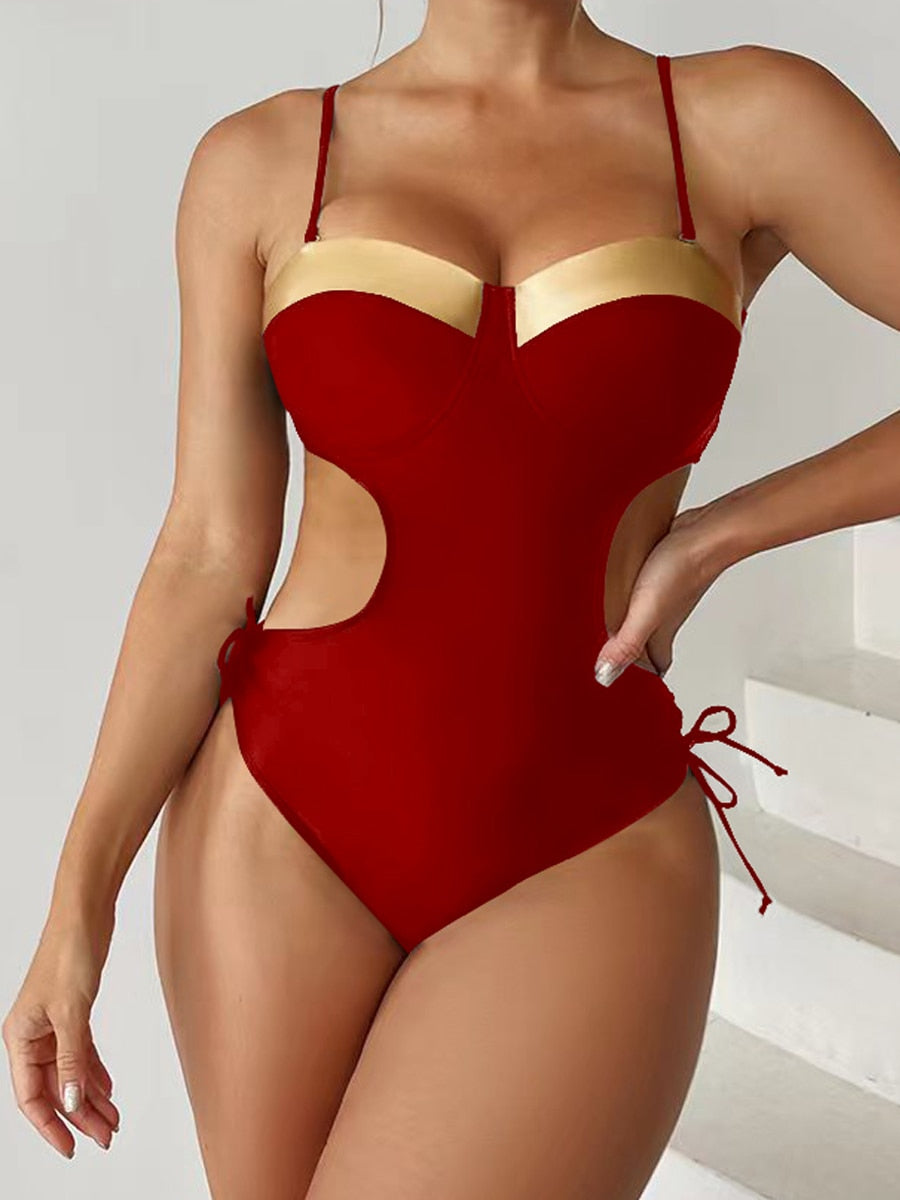 One Piece Push Up Swimsuit Solid Swimwear Female Tie Side Beachwear Hollow Bathing Swimming Suit C2Wine Red