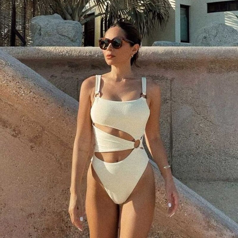 One Piece Sexy Swimwear Women Solid Hollow Ring Bikini 2024 White