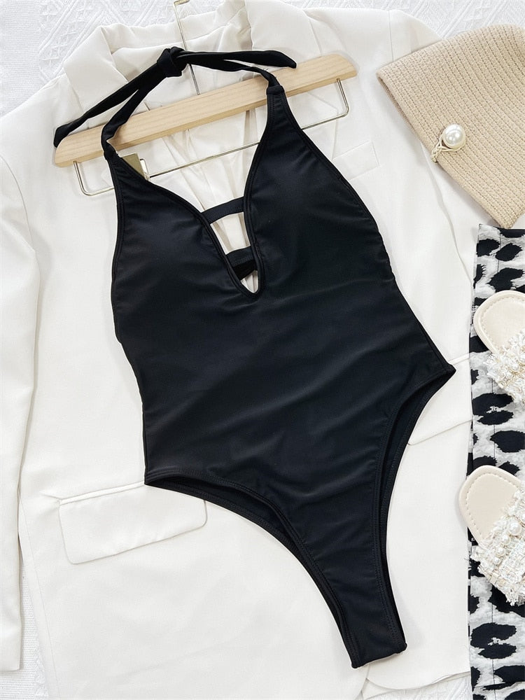 One Piece Swimsuit - New Solid Black Halter V-neck Monokini Sexy Thong Bathing Suit Beach Wear Summer Bodysuit L