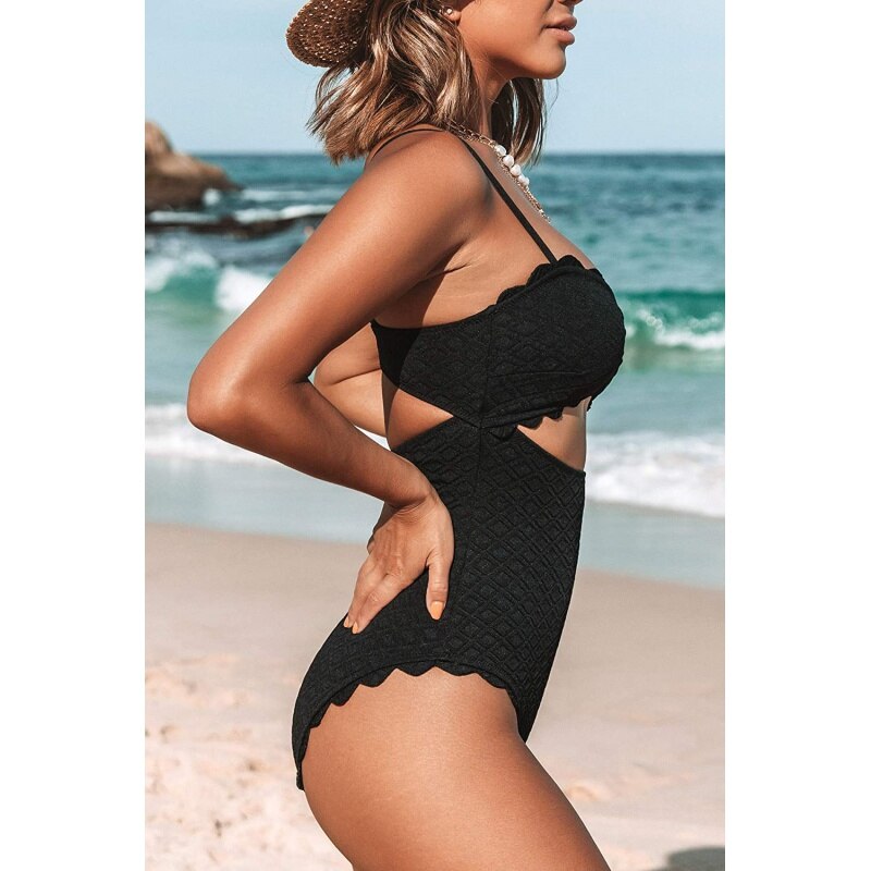 One Piece Swimsuit Sexy Black Cutout Scallop Trim Bathing Suit