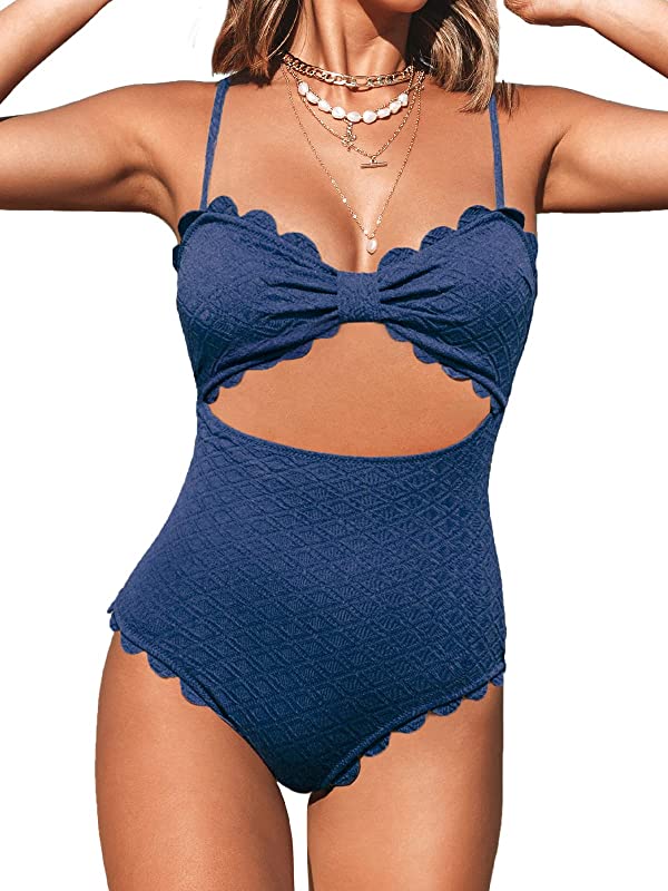 One Piece Swimsuit Sexy Black Cutout Scallop Trim Bathing Suit Dark Blue