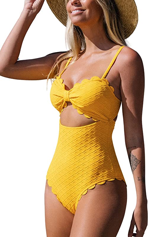 One Piece Swimsuit Sexy Black Cutout Scallop Trim Bathing Suit Yellow