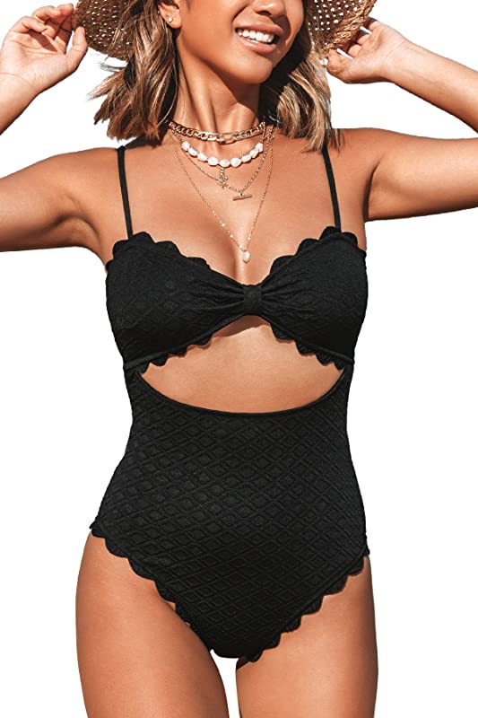 One Piece Swimsuit Sexy Black Cutout Scallop Trim Bathing Suit Black