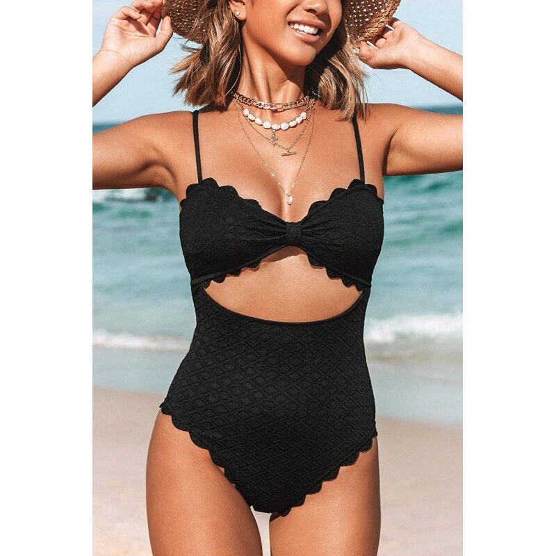One Piece Swimsuit Sexy Black Cutout Scallop Trim Bathing Suit