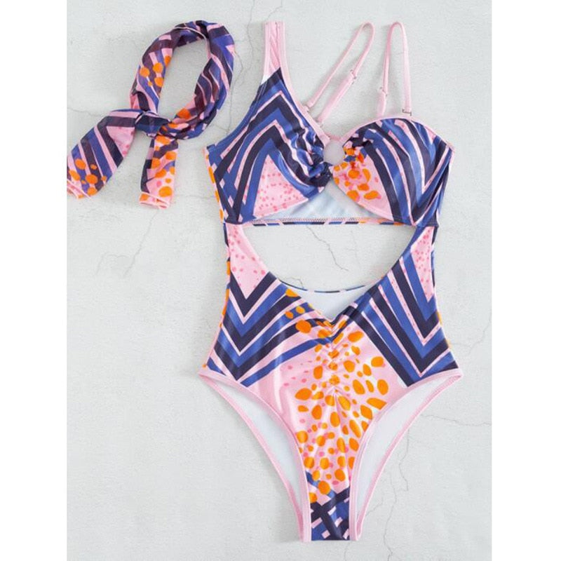 One Piece Swimsuit Sexy One-Shoulder Print - Swimwear Summer New Hollow Out Monokini 2
