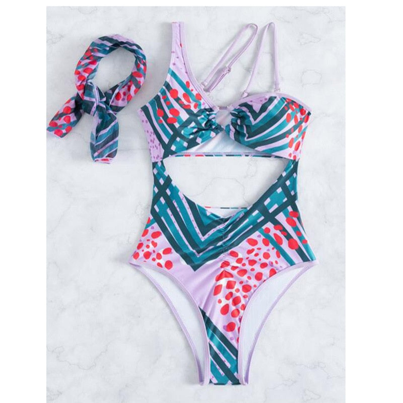 One Piece Swimsuit Sexy One-Shoulder Print - Swimwear Summer New Hollow Out Monokini 1