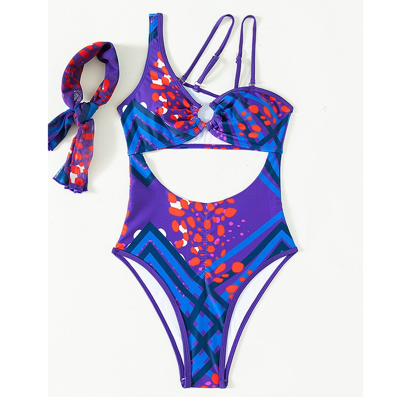 One Piece Swimsuit Sexy One-Shoulder Print - Swimwear Summer New Hollow Out Monokini 5