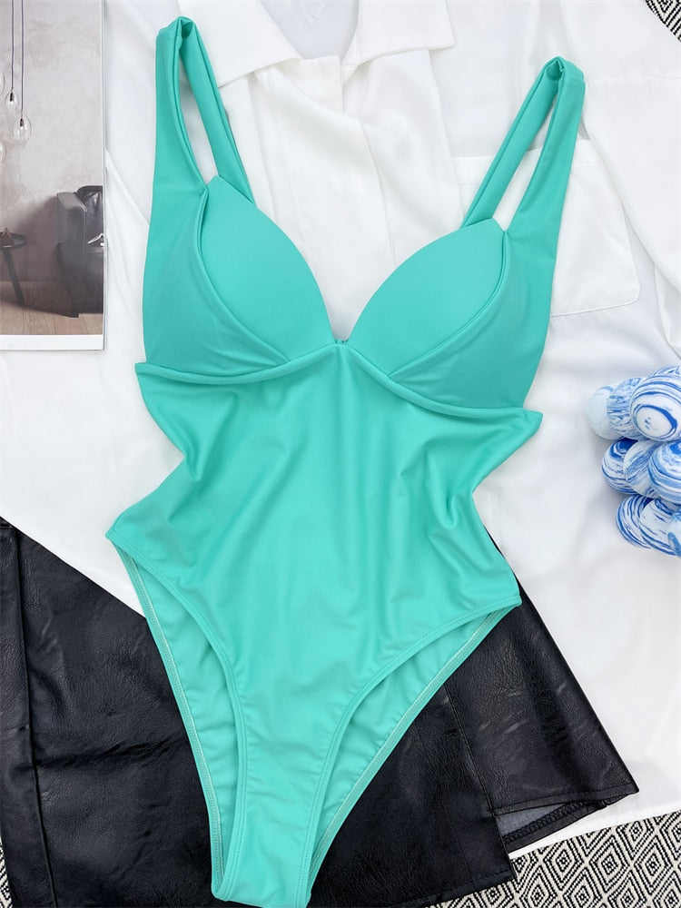 One Piece Swimsuit - Solid Sling V Neck Swimwear Sexy Bodysuit Monokini Summer Beach Wear Green