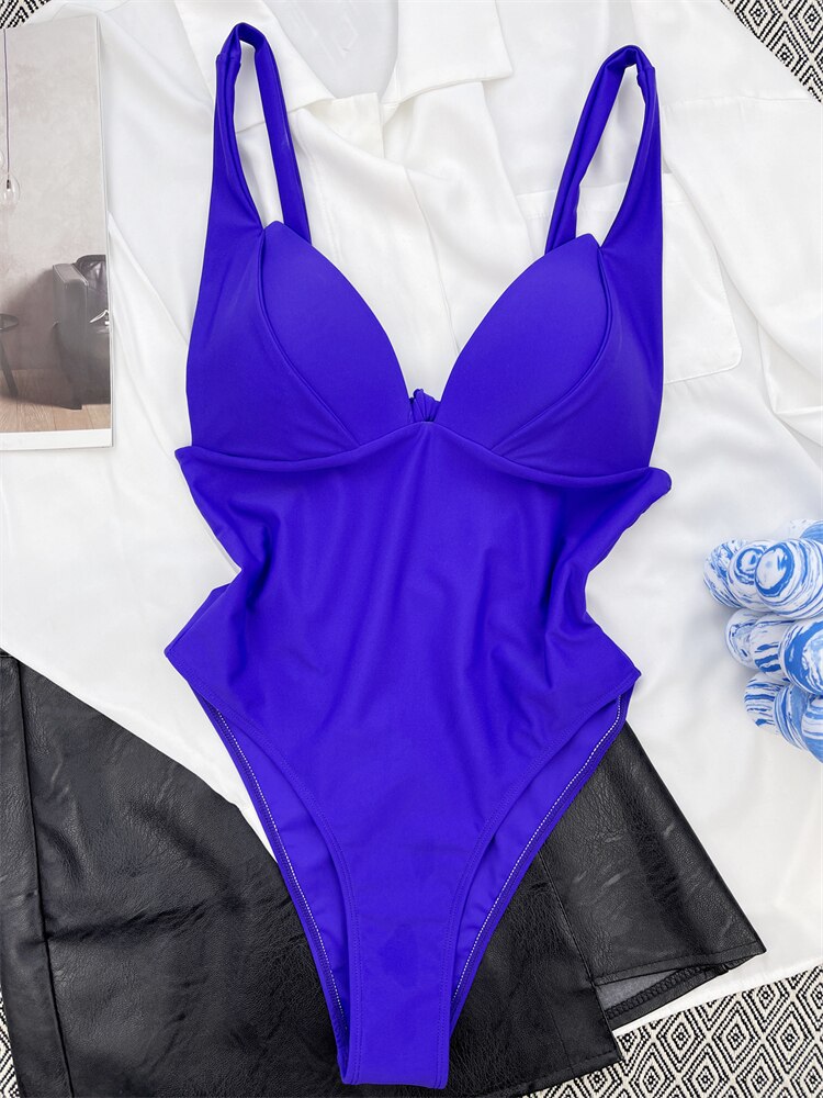 One Piece Swimsuit - Solid Sling V Neck Swimwear Sexy Bodysuit Monokini Summer Beach Wear Blue