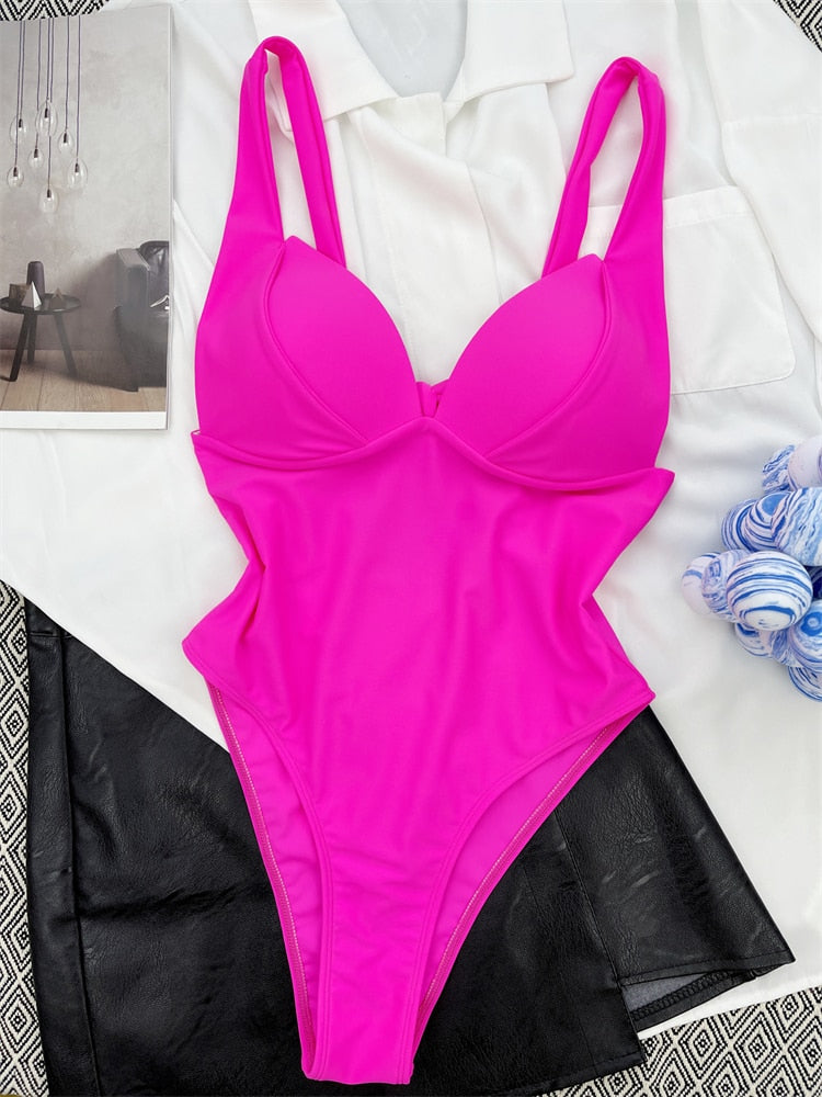 One Piece Swimsuit - Solid Sling V Neck Swimwear Sexy Bodysuit Monokini Summer Beach Wear Pink