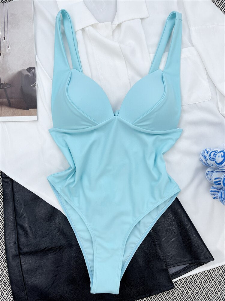 One Piece Swimsuit - Solid Sling V Neck Swimwear Sexy Bodysuit Monokini Summer Beach Wear Sky Blue