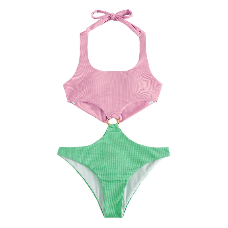 One Piece Swimsuit U Neck Low Waist Bikini Ring Decoration