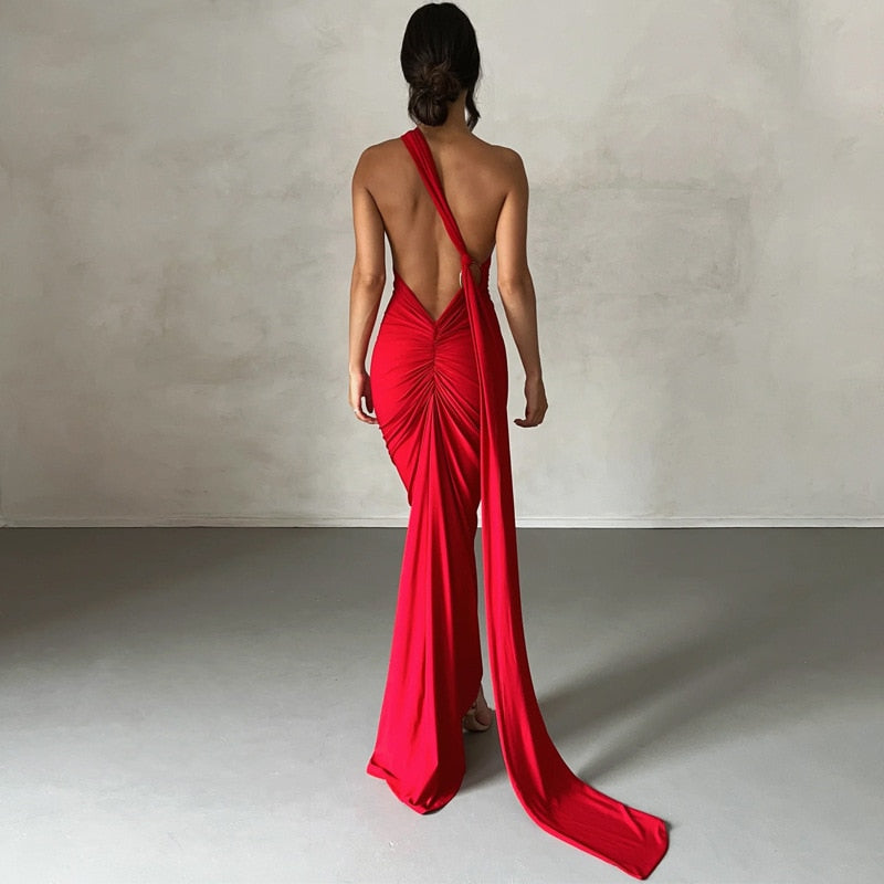One Shoulder Backless Adjustable Scarf Loop Ruched Sexy Maxi Dress 2024 Women Elegant Y2K Vintage Dress Fashion Summer Robe Size Style1 red
