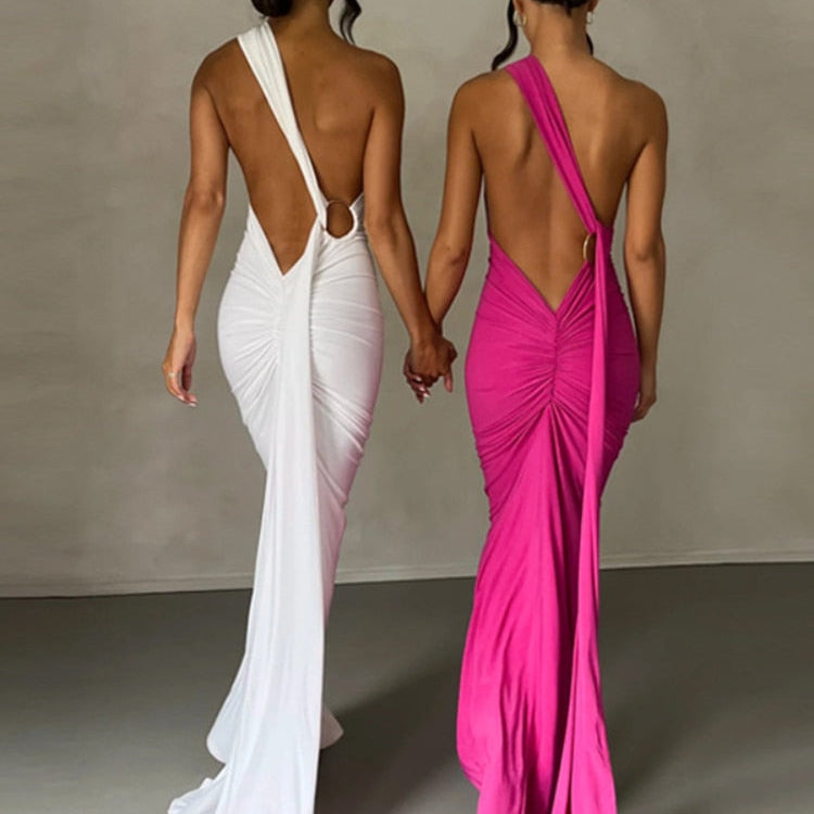 One Shoulder Backless Adjustable Scarf Loop Ruched Sexy Maxi Dress 2024 Women Elegant Y2K Vintage Dress Fashion Summer Robe Size