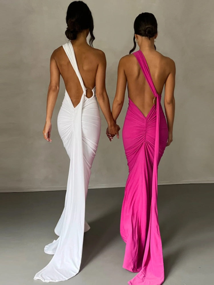 One Shoulder Backless Adjustable Scarf Loop Ruched Sexy Maxi Dress 2024 Women Elegant Y2K Vintage Dress Fashion Summer Robe Size