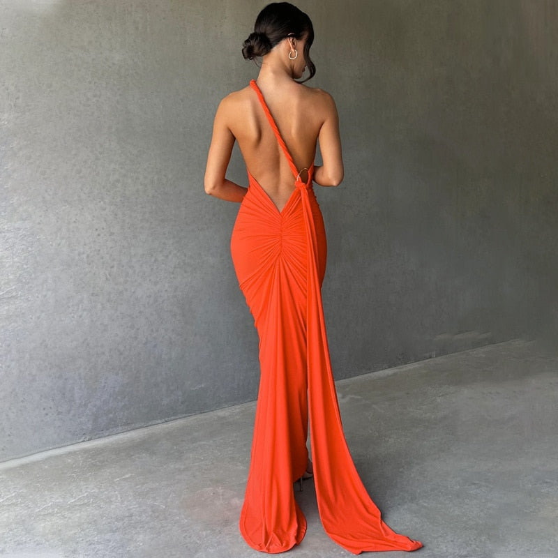 One Shoulder Backless Adjustable Scarf Loop Ruched Sexy Maxi Dress 2024 Women Elegant Y2K Vintage Dress Fashion Summer Robe Size Style1 orange