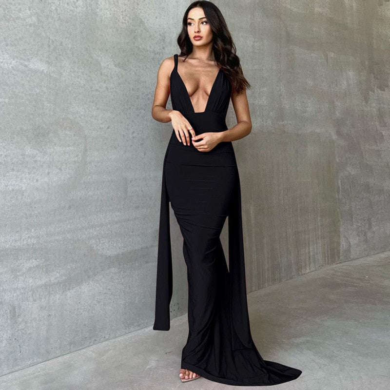 One Shoulder Backless Adjustable Scarf Loop Ruched Sexy Maxi Dress 2024 Women Elegant Y2K Vintage Dress Fashion Summer Robe Size Style3 black